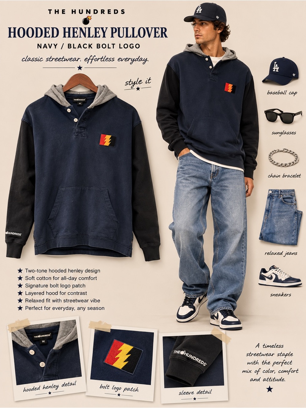 The Hundreds Hooded Henley Pullover Navy Black Bolt Logo Mens M